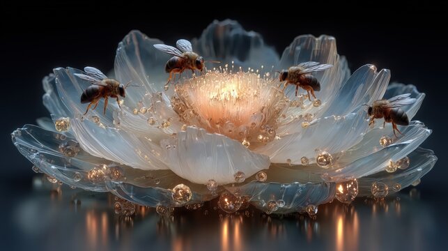 Extreme macro of tiny cloud-bees pollinating a glowing crystal sunflower in black astral space, surreal celestial ecology and dreamcore aesthetic