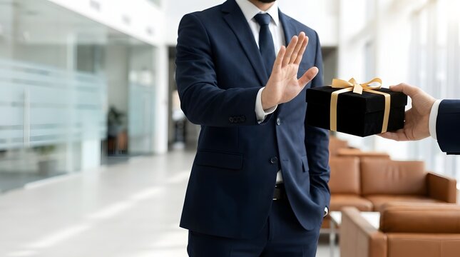 Corporate gifting policy compliance concept featuring businessman rejecting a luxury gift box to avoid conflict of interest