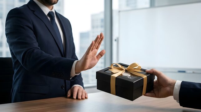 Business ethics and conflict of interest prevention showing professional refusing a luxury corporate gift during negotiation