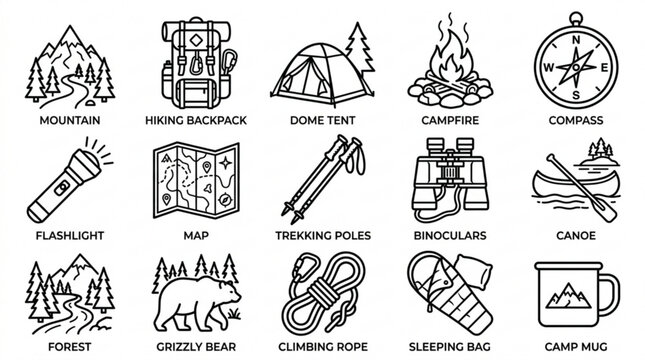 Camping and hiking equipment vector icons set with backpack tent map compass binoculars flashlight with collection black line art icons representing outdoor gear