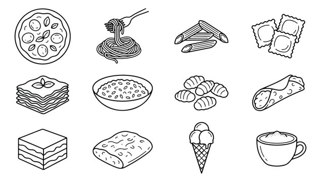 Italian food icons set, 12 line art pasta and pizza vector elements, restaurant menu graphics