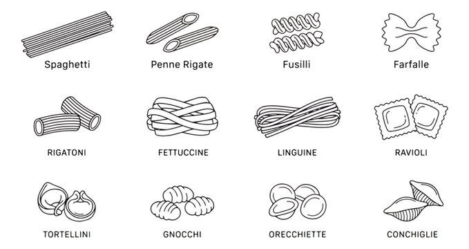 Italian pasta types line art icons, set of 12 labeled pasta shapes, minimalist food vector set