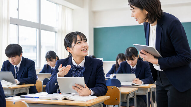 タブレット端末（デジタル教科書）を使いながら先生に質問をする女子生徒　ICTを使った日本の学校の授業イメージ