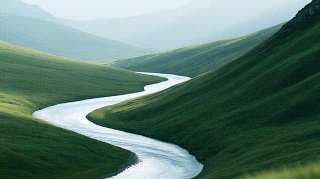 Serpentine River Winding Through Lush Green Rolling Hills in Serene Mountain Landscape