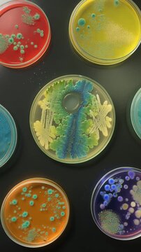 Agar plate petri dish bacteria colony laboratory culture overhead view green yellow pattern with blue growth streaks