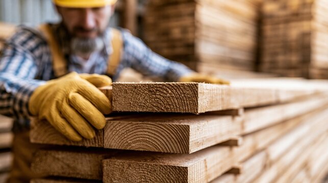 Skilled carpenter in work gloves and hard hat carefully stacking freshly cut lumber in a woodworking facility