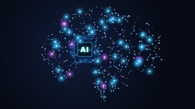 Abstract representation of artificial intelligence brain with glowing neural network connections and a central AI processor, symbolizing data processing and digital intelligence