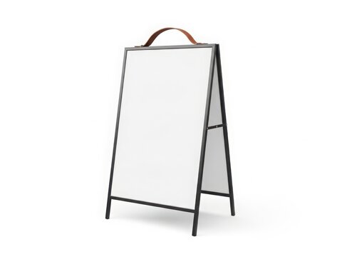 A white easel board with a wooden handle standing against a white background.