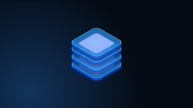 Abstract blue geometric layered shapes representing data storage and technology concepts on a dark background