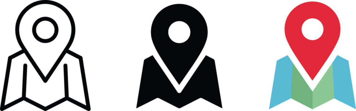 Map location pin icon set in outline, silhouette, and colorful styles for navigation graphics
