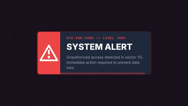 Animated system alert notification, warning message with error code and alert level, cybersecurity threat indicator, symbolizing system failure, security breach, and technological risk.
