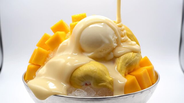 Sweet condensed milk pouring over a bowl of shaved ice dessert with fresh mango cubes and durian fruit, studio lighting.