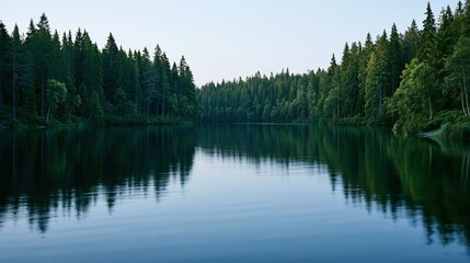 Tranquil forest lake with calm reflective water and lush green evergreen trees lining the shores under a clear sky © The Little Hut