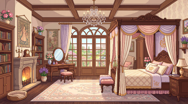 Luxurious princess bedroom interior featuring a grand canopy bed and ornate fireplace in pixel art style