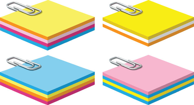 Colorful sticky notes stacks with metallic paper clips isometric vector illustration set isolated on white background
