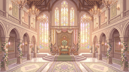 Obraz premium Grand royal throne room featuring ornate golden chairs and majestic stained glass windows in pixel art