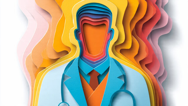 Colorful layered paper cutout illustration of a faceless person in a suit representing identity and creativity in vibrant shades with abstract art style