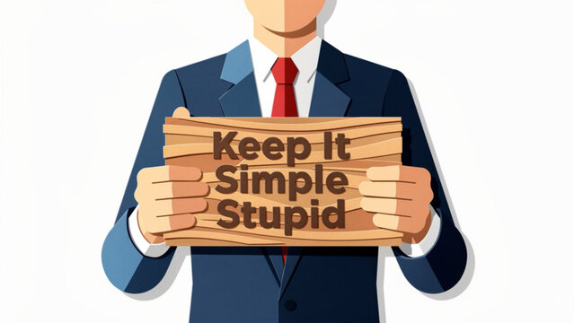 Business man holding a wooden sign with motivational quote keep it simple stupid in professional suit and red tie on white background