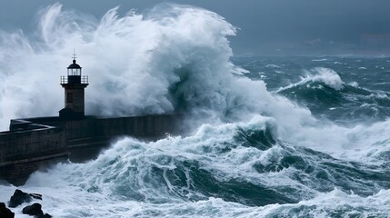 Obraz premium A lighthouse stands firm as colossal waves crash against a stone pier during a violent storm at sea