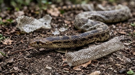 Obraz premium Bullsnake crawling next to its recently shed skin on the ground