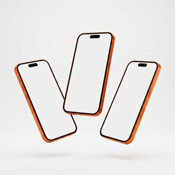 Three  mockup iphone handphone smartphones float against a clean white background