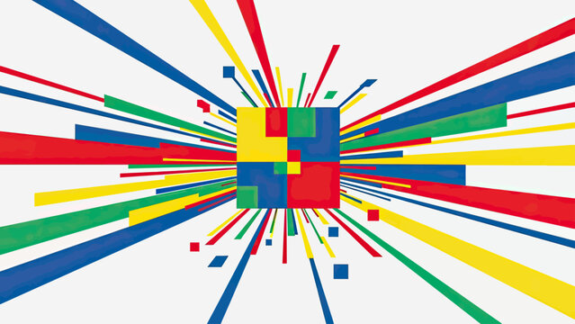 Exploding geometric shapes in red, blue, yellow, and green burst from a central square
