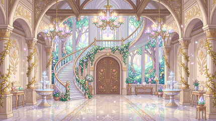 Obraz premium Grand palace interior featuring a sweeping staircase and sparkling crystal chandeliers in a soft pastel palette