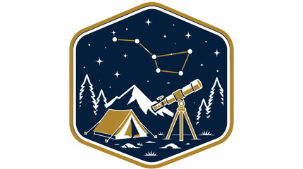 Hexagonal camping badge with tent and mountain view. © Noemi
