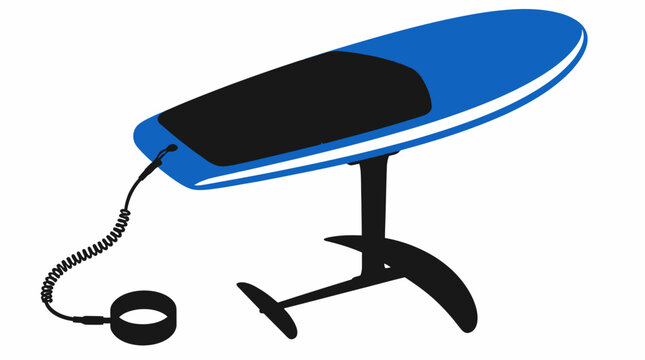 Blue electric hydrofoil surfboard with mast and wing.
