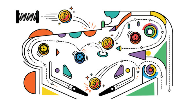 Retro Pinball Machine Game Play with Coins and Targets, Vector Illustration