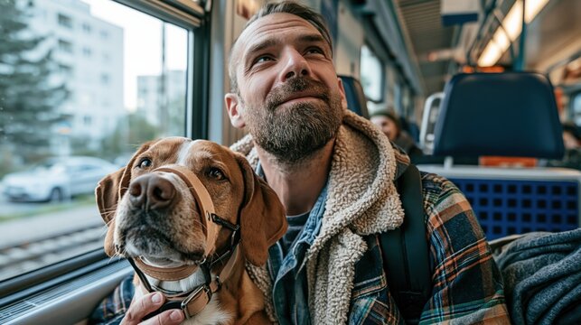 Man and his loyal dog enjoying a scenic commute together on public transportation