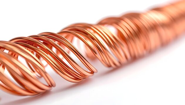 Close-up of a spiral copper wire coil isolated on a white background, representing industrial material and electrical power