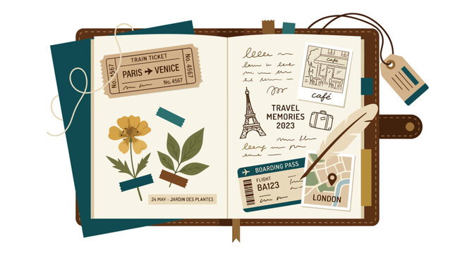 Vintage travel scrapbook with pressed flowers and maps.
