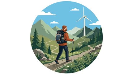 Hiker walking through mountain valley with wind turbine. © omarudinfaridkamar