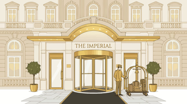 Luxury hotel entrance with bellhop and luggage trolley.