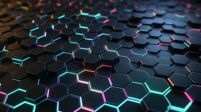 虹色に輝く六角形ハニカムパターンの近未来空間