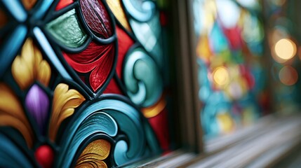 Fototapeta premium Vibrant Stained Glass Window Panel with Intricate Colorful Patterns and Soft Bokeh Background