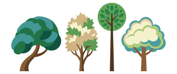 Collection of stylized tree illustrations deciduous coniferous plants in flat color design. © KALPANA AKTER