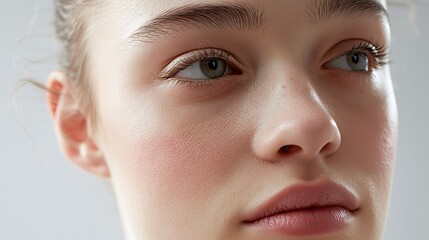 Fototapeta premium Close up of a young woman's face with natural lighting and subtle makeup, showcasing healthy skin and soft features