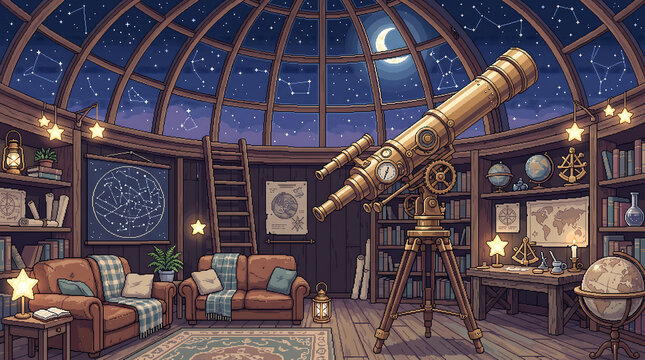 Antique brass telescope stands inside a cozy wooden observatory room under a bright starry night sky
