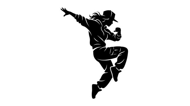 Silhouette of a hip hop dancer in motion, black on white background