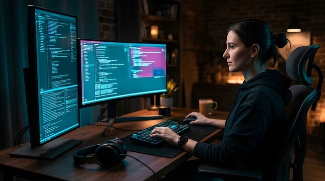 Female software developer coding on multiple monitors in home office at night
