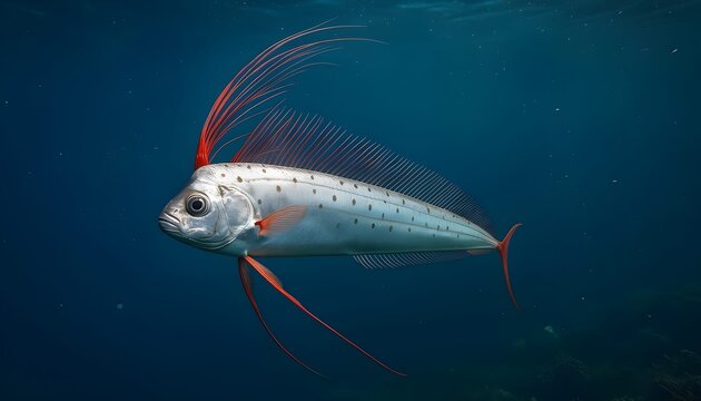 Rare silver oarfish with long red crown fins swimming in deep blue ocean. Detailed underwater shot of an exotic deep-sea creature in water.