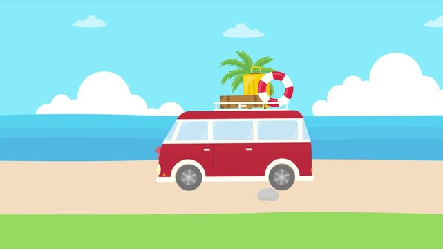 走る車と夏の海、夏休み 旅行