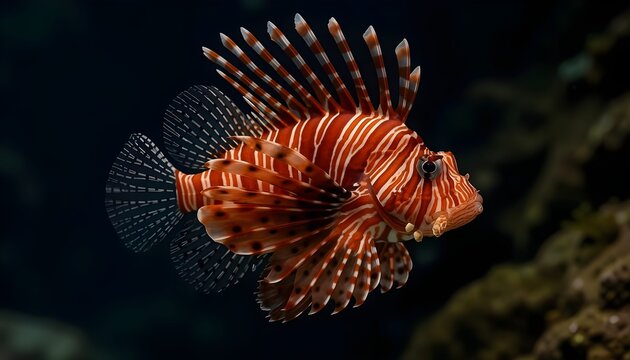 Vibrant red lionfish swimming gracefully in deep blue ocean water. Close-up shot of exotic venomous marine predator with sharp striped fins.