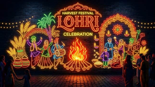 Vibrant neon sign displaying the traditional Lohri harvest festival celebration with festive fire symbols and dancing people on brick wall