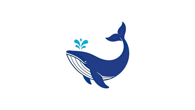A blue whale spouting water against a white background