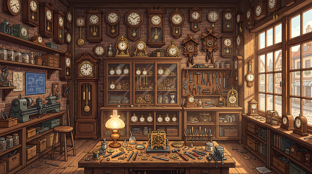 Intricate vintage clockmaker workshop filled with numerous antique wall clocks and detailed precision mechanical watch tools