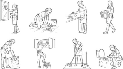 Obraz premium House Cleaning Service Line Art Set with Professional Maid Performing Household Chores