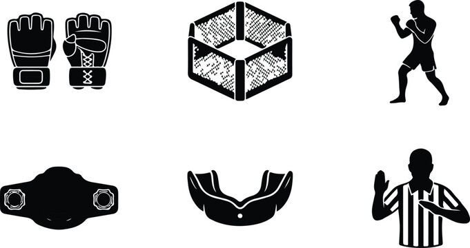 Boxing and MMA icons with gloves ring fighter belt mouthguard and referee in flat design style